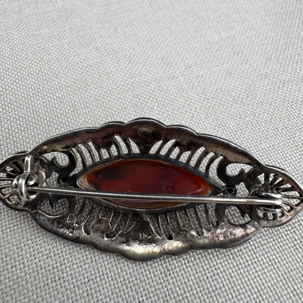 Vintage Sterling Silver Brooch Art Deco Pin 925 Carnelian Filigree